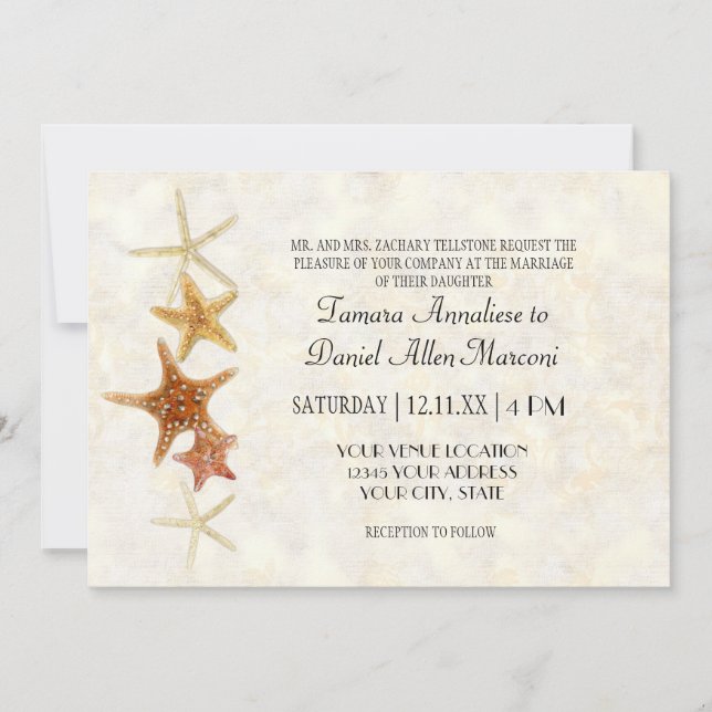 Watercolor Greek Key PatternStarfish Beach Wedding Invitation (Front)