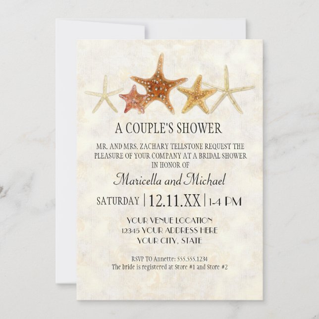 Watercolor Greek Key PatternStarfish Beach Wedding Invitation (Front)