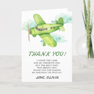 Watercolor Green Aeroplane Birthday thank you Card