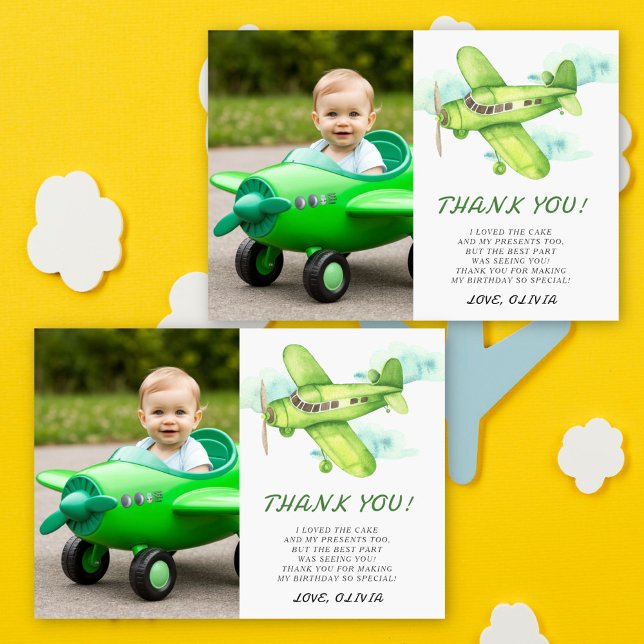 Watercolor Green Aeroplane Birthday thank you Card (Creator Uploaded)