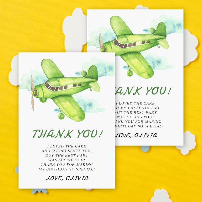 Watercolor Green Aeroplane Birthday thank you Card (Creator Uploaded)