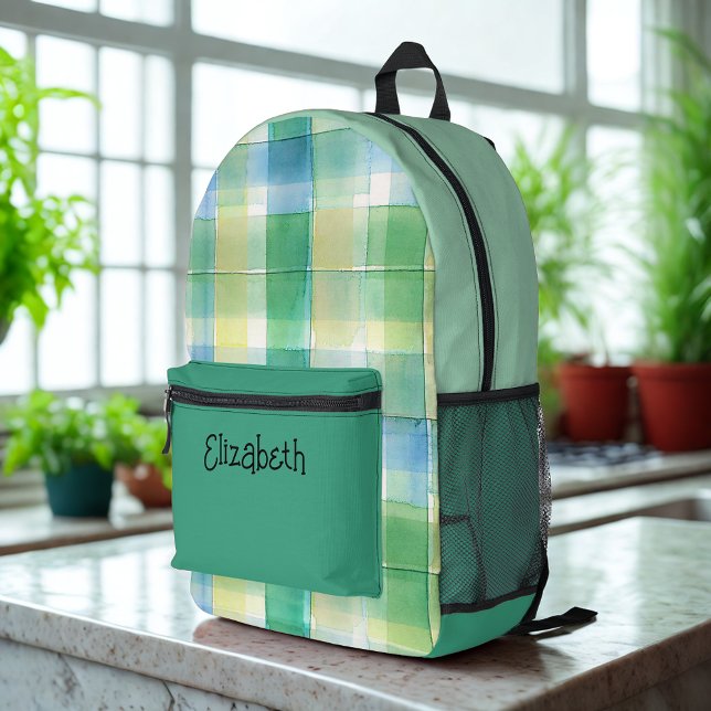 Watercolor Green and Blue Plaid Printed Backpack (Creator Uploaded)