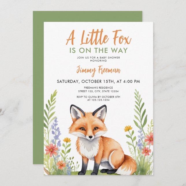 Watercolor Green and Brown Cute Fox Baby Shower Invitation (Front/Back)