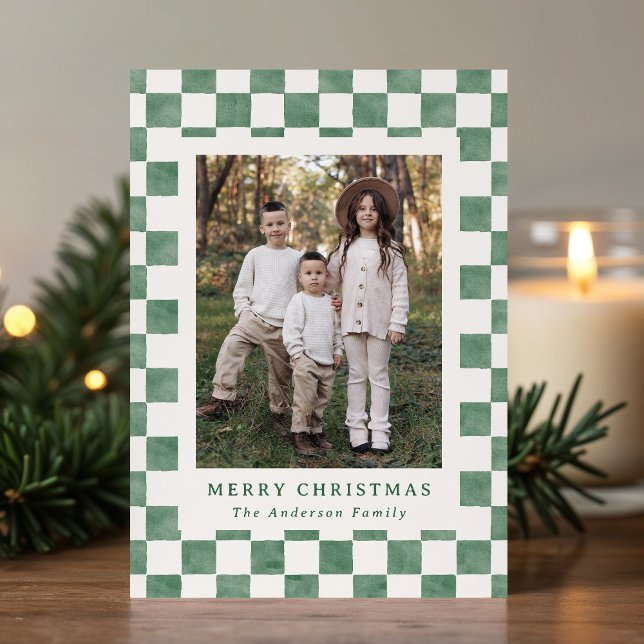 Watercolor Green and Cream Gingham Christmas Photo Holiday Card (Creator Uploaded)