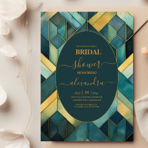 Watercolor Green and Gold Art Deco Bridal Shower Invitation
