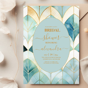 Watercolor Green and Gold Art Deco Bridal Shower Invitation