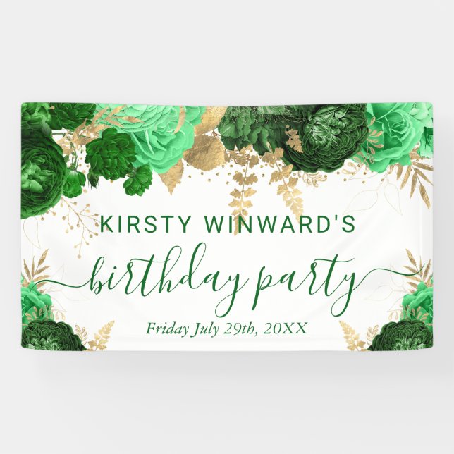 Watercolor Green and Gold Flowers Birthday Banner (Horizontal)