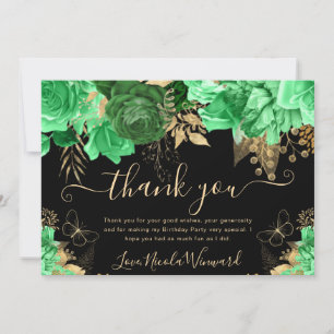 Watercolor Green and Gold Flowers Birthday Thank You Card
