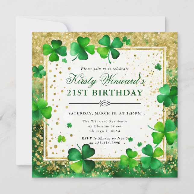 Watercolor Green and Gold Shamrock 21st Birthday Invitation (Front)