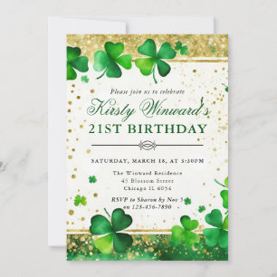 Watercolor Green and Gold Shamrock 21st Birthday Invitation