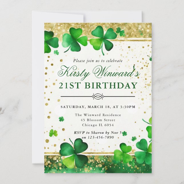 Watercolor Green and Gold Shamrock 21st Birthday Invitation (Front)