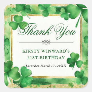 Watercolor Green and Gold Shamrock Birthday Square Sticker