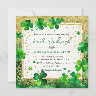Watercolor Green and Gold Shamrock Bridal Shower Invitation