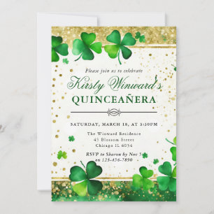 Watercolor Green and Gold Shamrock Quinceanera Invitation