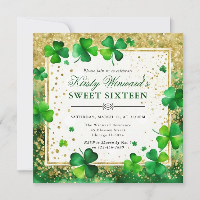 Watercolor Green and Gold Shamrock Sweet Sixteen Invitation (Front)