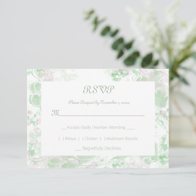 Watercolor Green and Pink Botanical RSVP Card (Standing Front)