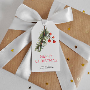 Watercolor Green and Red Pine Berries Christmas Gift Tags