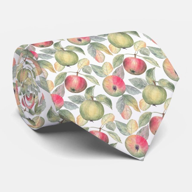 Watercolor Green and Red Ripe Orchard Apples Tie (Rolled)