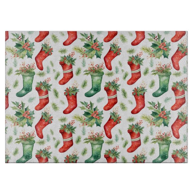 Watercolor Green and Red Stockings  Cutting Board (Front)