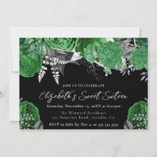 Watercolor Green and Silver Roses Sweet Sixteen Invitation