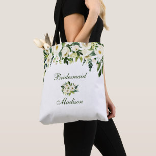 Watercolor Green and White Floral Bridesmaid Tote Bag