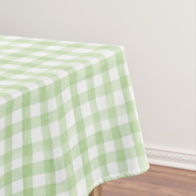 Watercolor Green and White Gingham Wedding Tablecloth (In Situ)