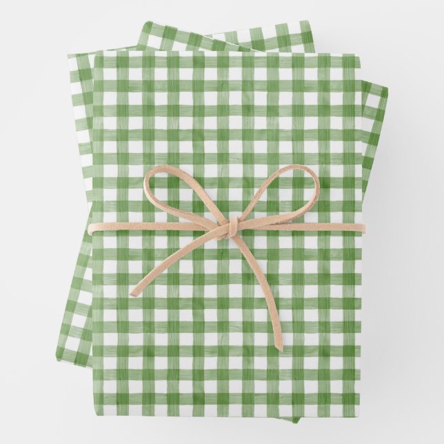 Watercolor Green and White Gingham Wrapping Paper Sheet (In situ)