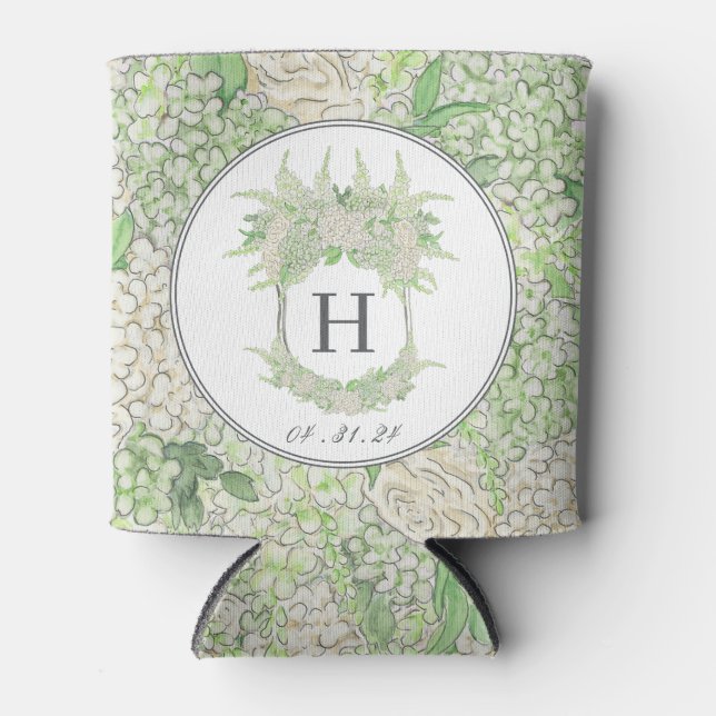 Watercolor Green and White Hydrangea Crest Can Cooler (Front)