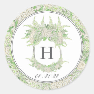 Watercolor Green and White Hydrangea Crest Classic Round Sticker
