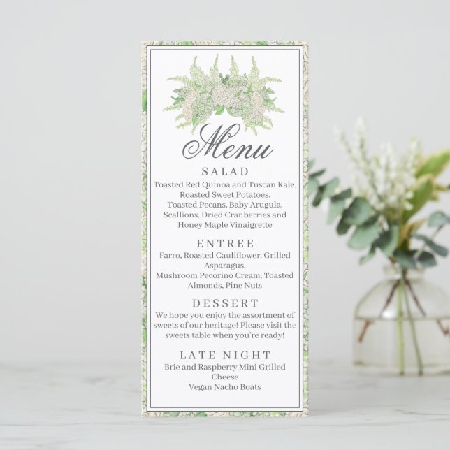 Watercolor Green and White Hydrangea Crest Menu (Standing Front)