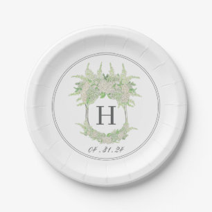 Watercolor Green and White Hydrangea Crest Paper Plate