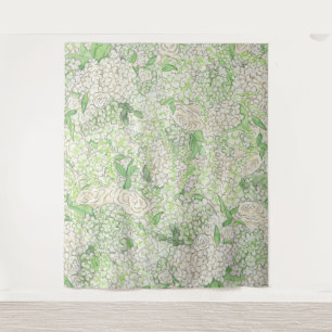 Watercolor Green and White Hydrangea Crest Tapestry