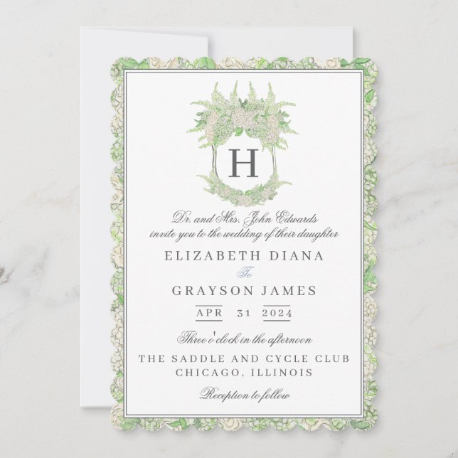 Watercolor Green and White Hydrangea Crest Wedding Invitation (Front)