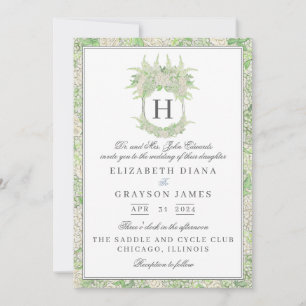 Watercolor Green and White Hydrangea Crest Wedding Invitation