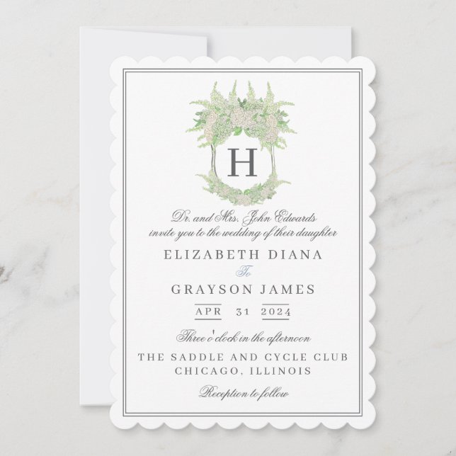 Watercolor Green and White Hydrangea Crest Wedding Invitation (Front)