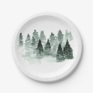 Watercolor Green and White Trees Woodland Rustic Paper Plate