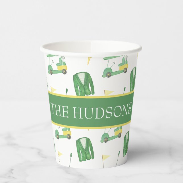 Watercolor Green and Yellow Golf Tournament  Paper Cups (Left)
