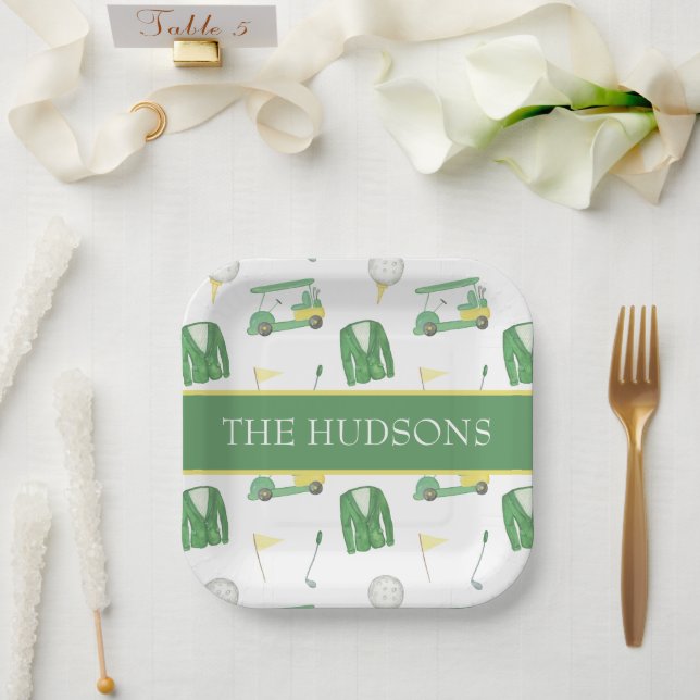 Watercolor Green and Yellow Golf Tournament  Paper Plate (Wedding)