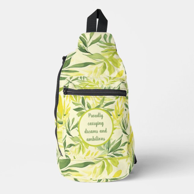 Watercolor Green and Yellow Leaf Pattern Sling Bag (Front)