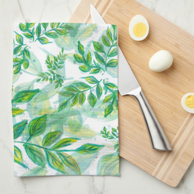 Watercolor Green And Yellow Leaves Tea Towel (Quarter Fold)