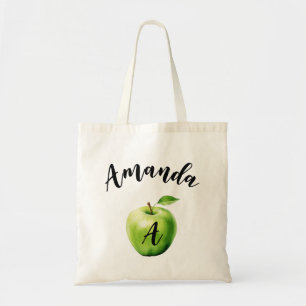 Watercolor Green Apple Curved Name Monogramed Tote Bag