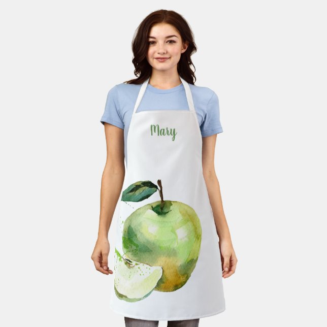 Watercolor Green Apple Customisable Apron (Worn)