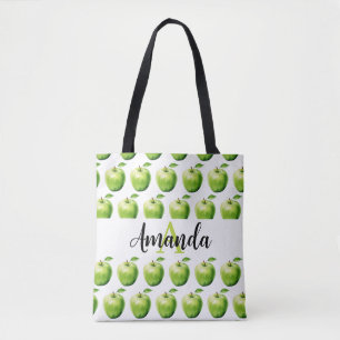 Watercolor Green Apple Pattern Name Monogramed Tote Bag