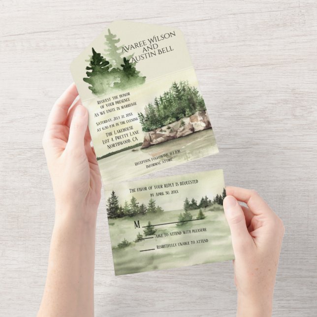 Watercolor Green At The Lakehouse  All In One Invitation (Tearaway)