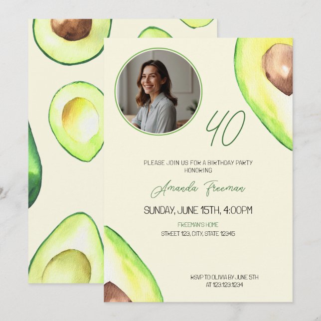 Watercolor Green Avocado Photo Birthday Invitation (Front/Back)