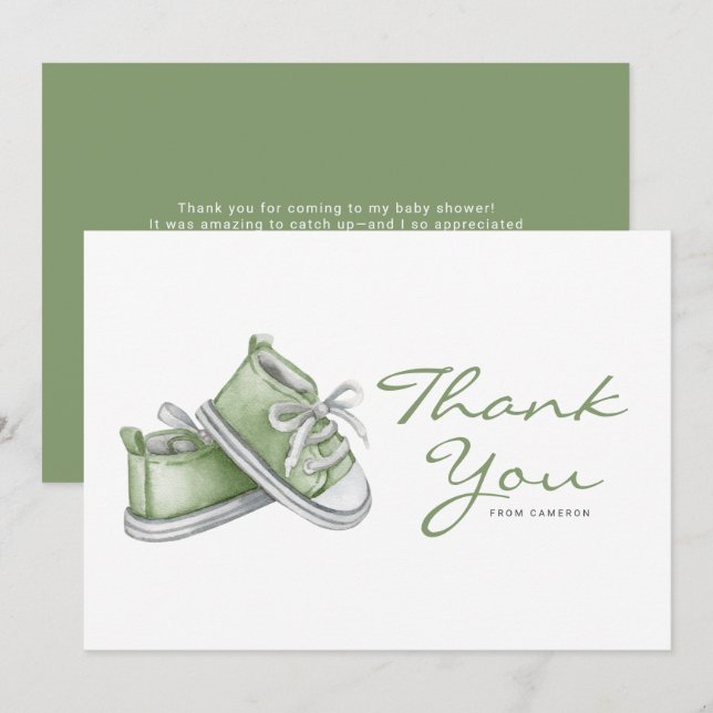 Watercolor Green Baby Booties Baby Shower Thank You Card (Front/Back)