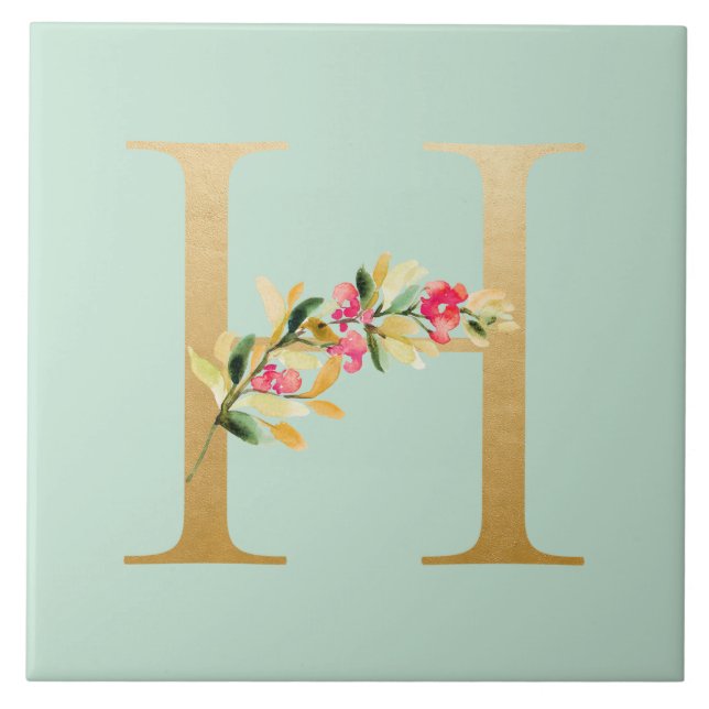 Watercolor green background faux golden H floral Tile (Front)