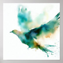 Watercolor green bird in flight art poster