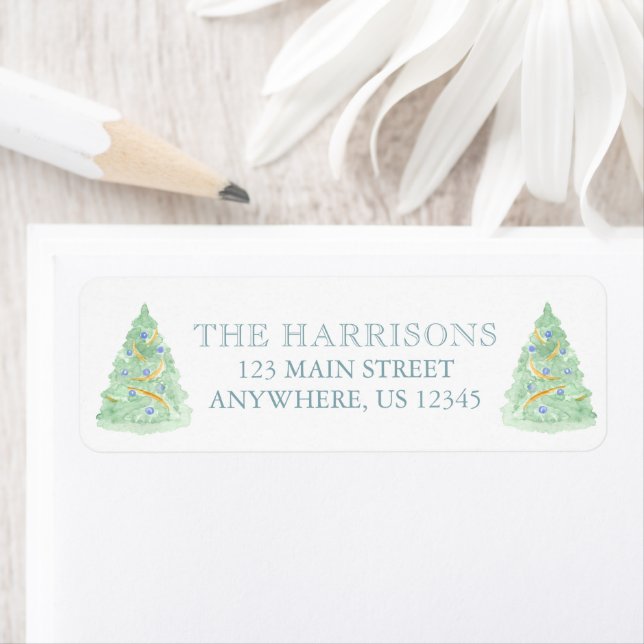 Watercolor Green & Blue Christmas Tree Address (Insitu)