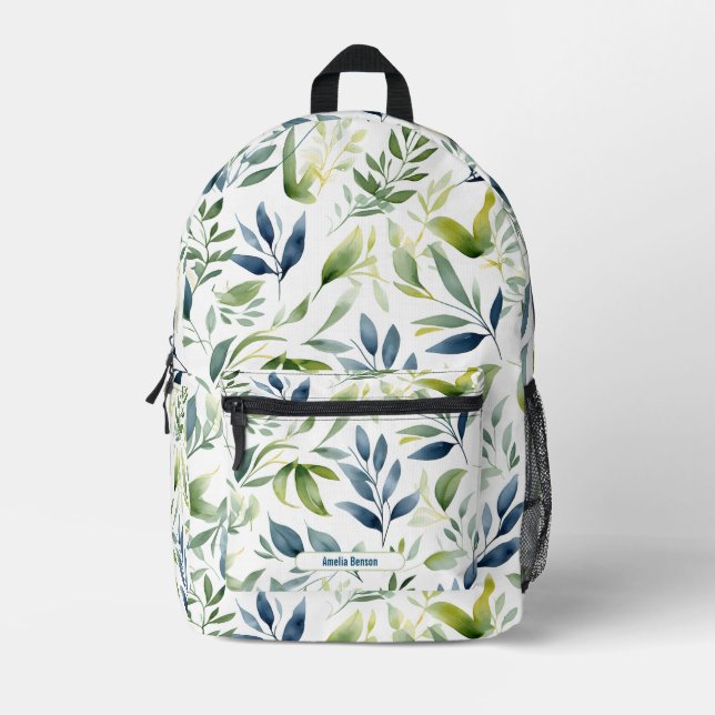 Watercolor Green & Blue Leaves Pattern Printed Backpack (Front)